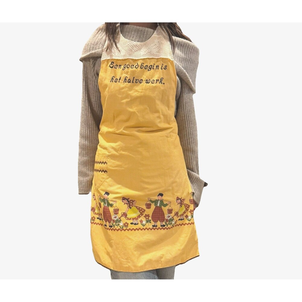 Vtg 1950s 1960s Full Apron Dutch Boys Girls Yellow Gingham Cotton Lined 1/2 Work